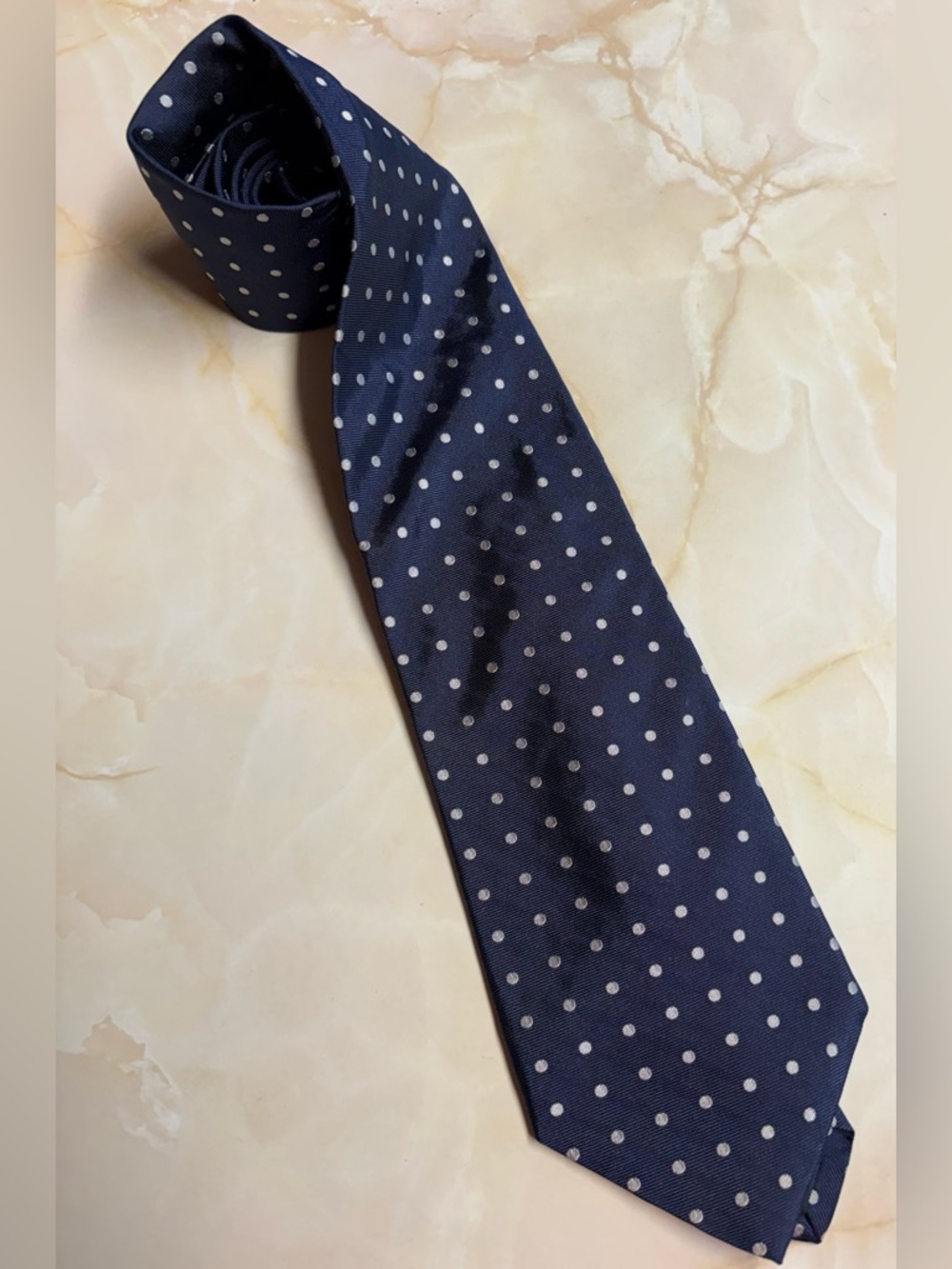 Lauren Ralph Lauren LRL Navy Blue White Polka Dot Repp Tie 100% Silk Made In USA